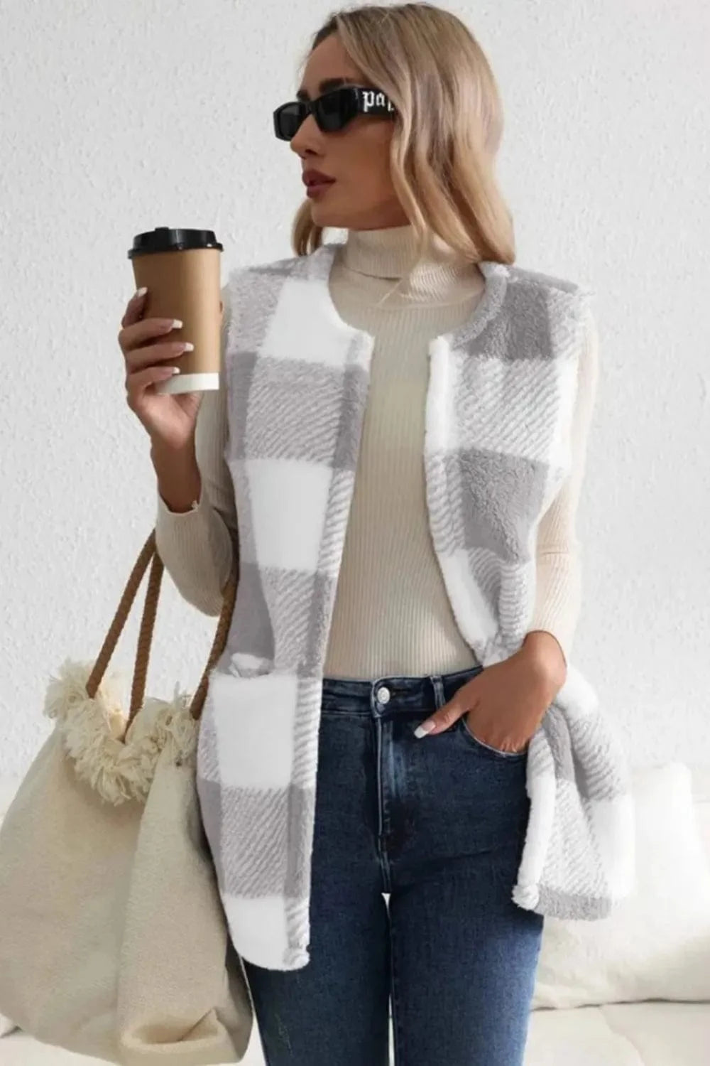 Trendsi Light Gray / S Sherpa Plaid Open Front Vest Coat