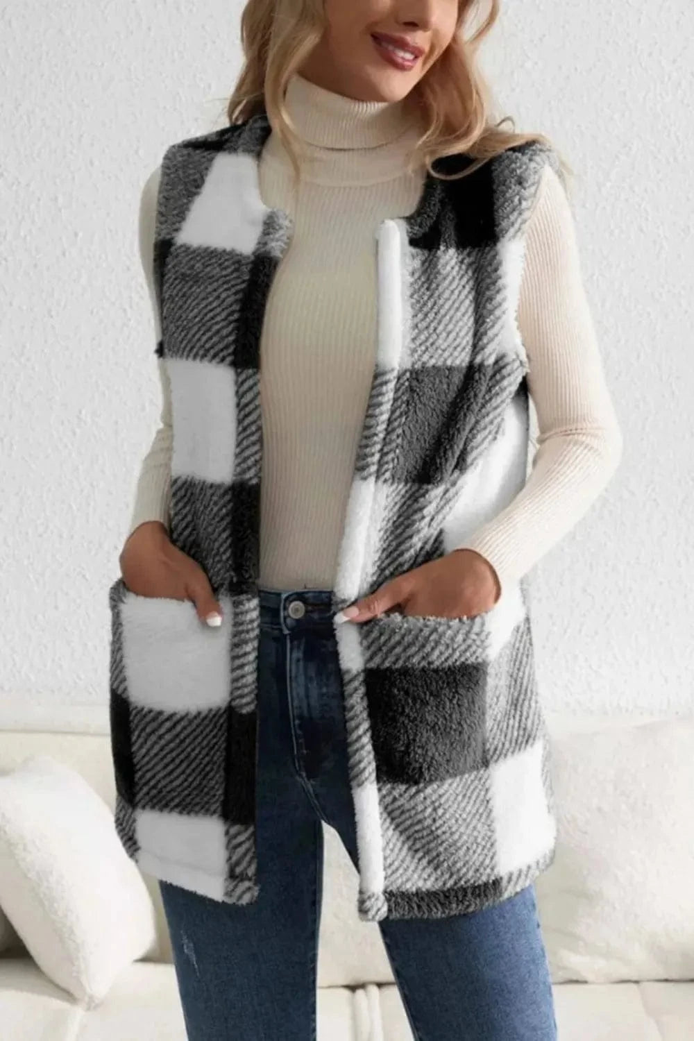 Trendsi Sherpa Plaid Open Front Vest Coat