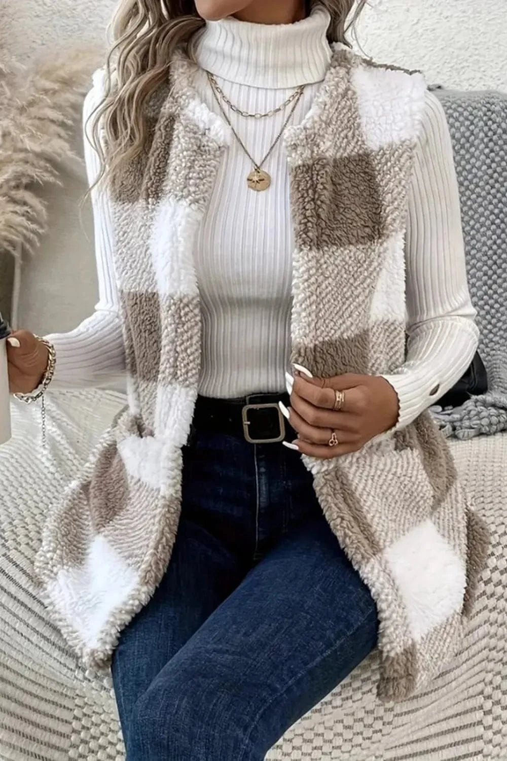 Trendsi Tan / S Sherpa Plaid Open Front Vest Coat