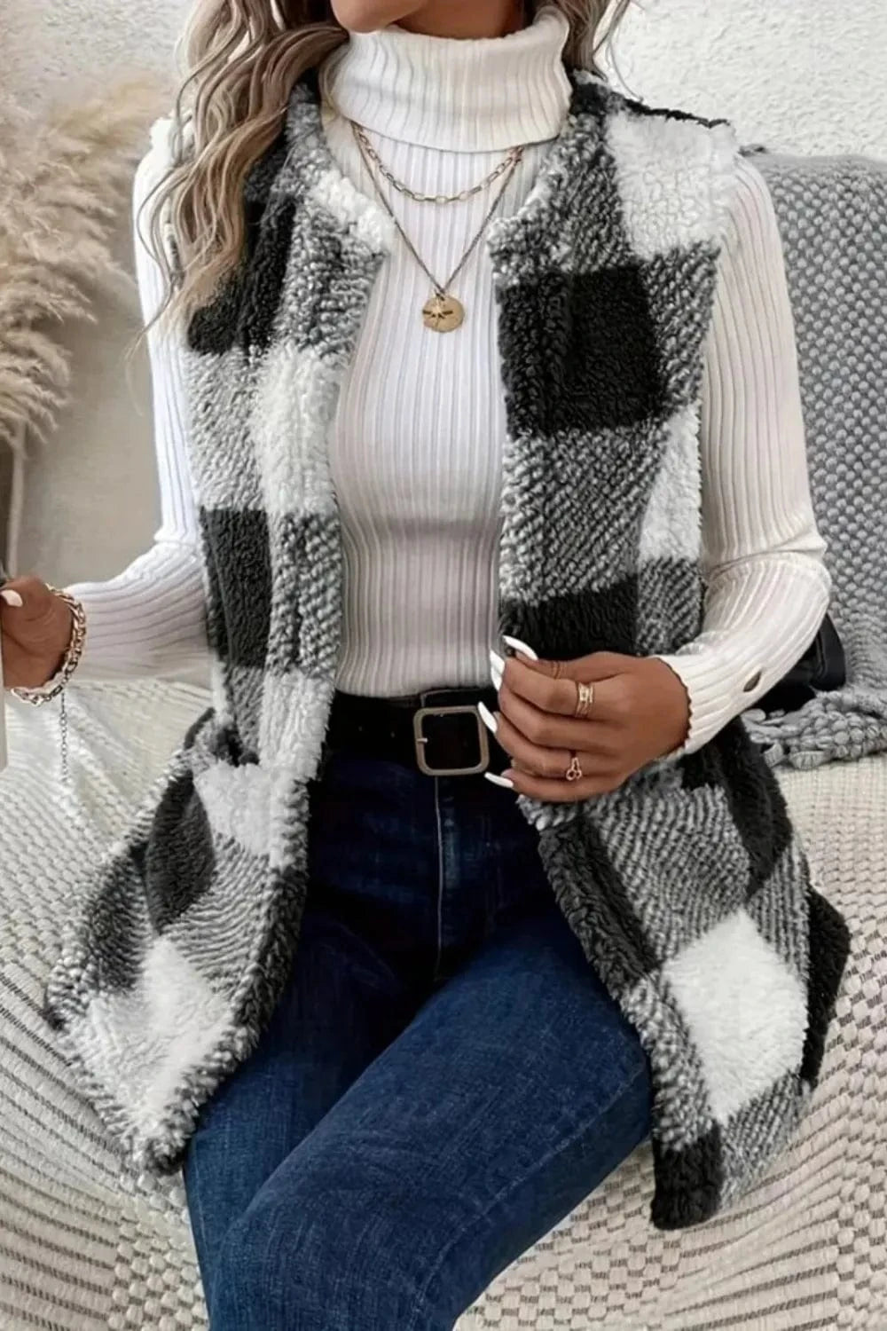 Trendsi Black / S Sherpa Plaid Open Front Vest Coat