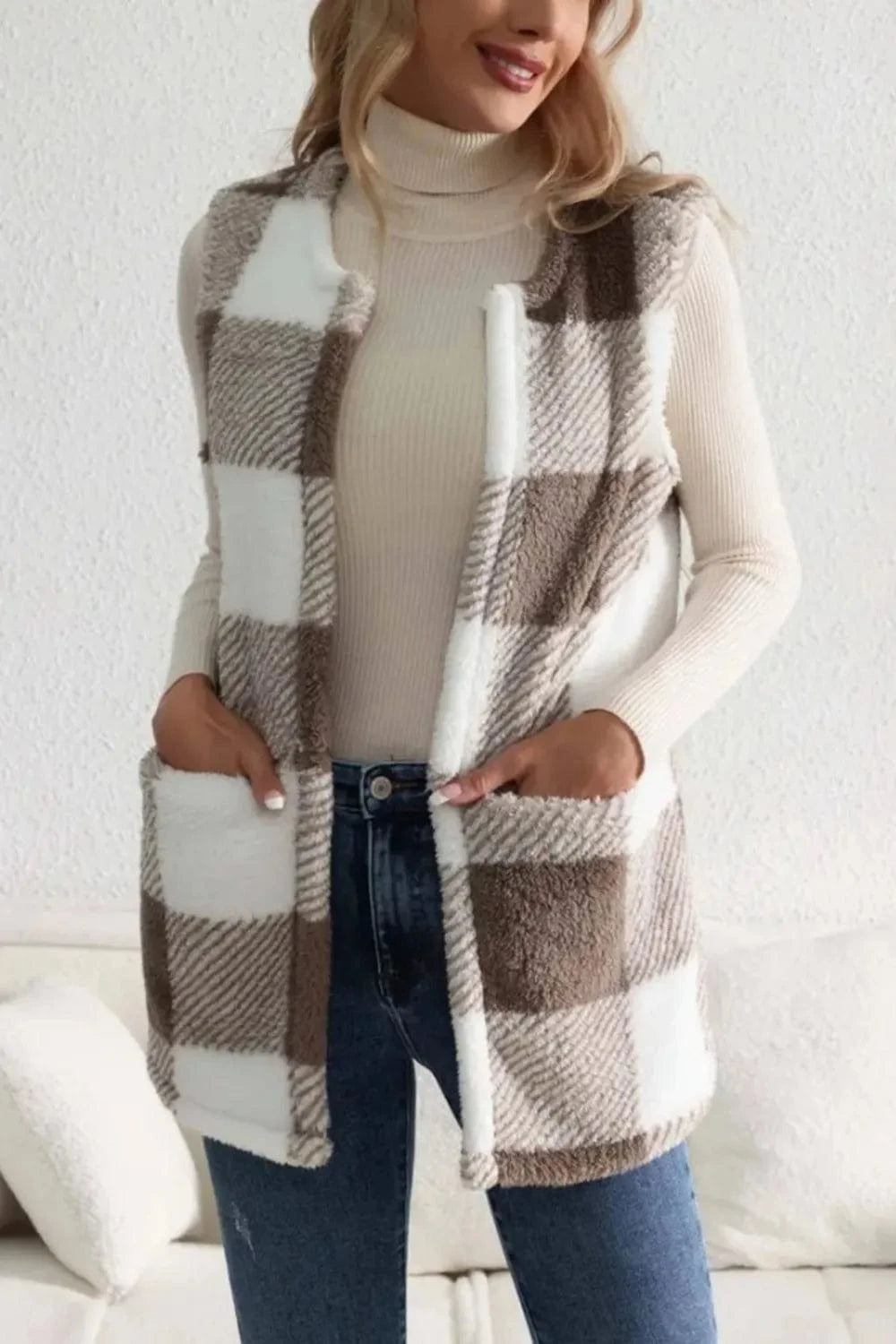 Trendsi Sherpa Plaid Open Front Vest Coat