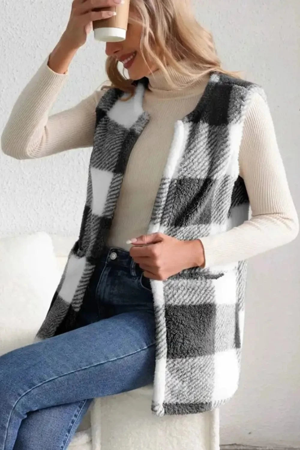 Trendsi Sherpa Plaid Open Front Vest Coat