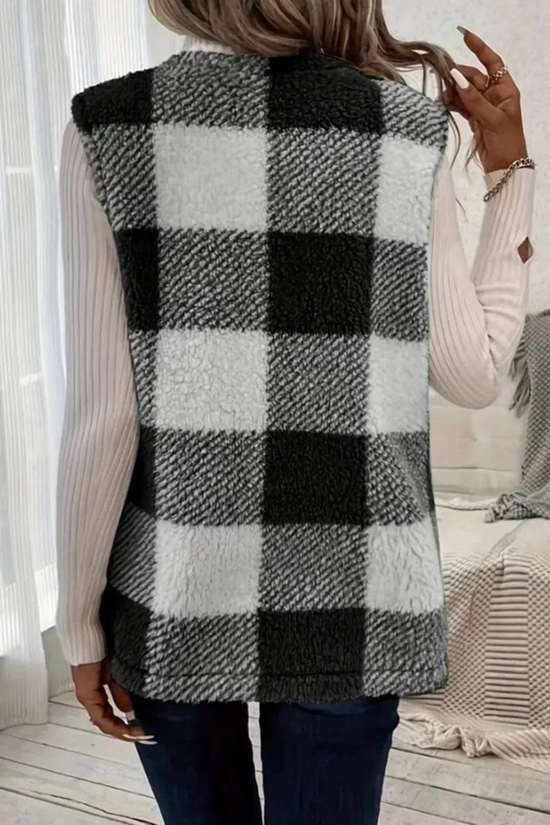 Trendsi Sherpa Plaid Open Front Vest Coat