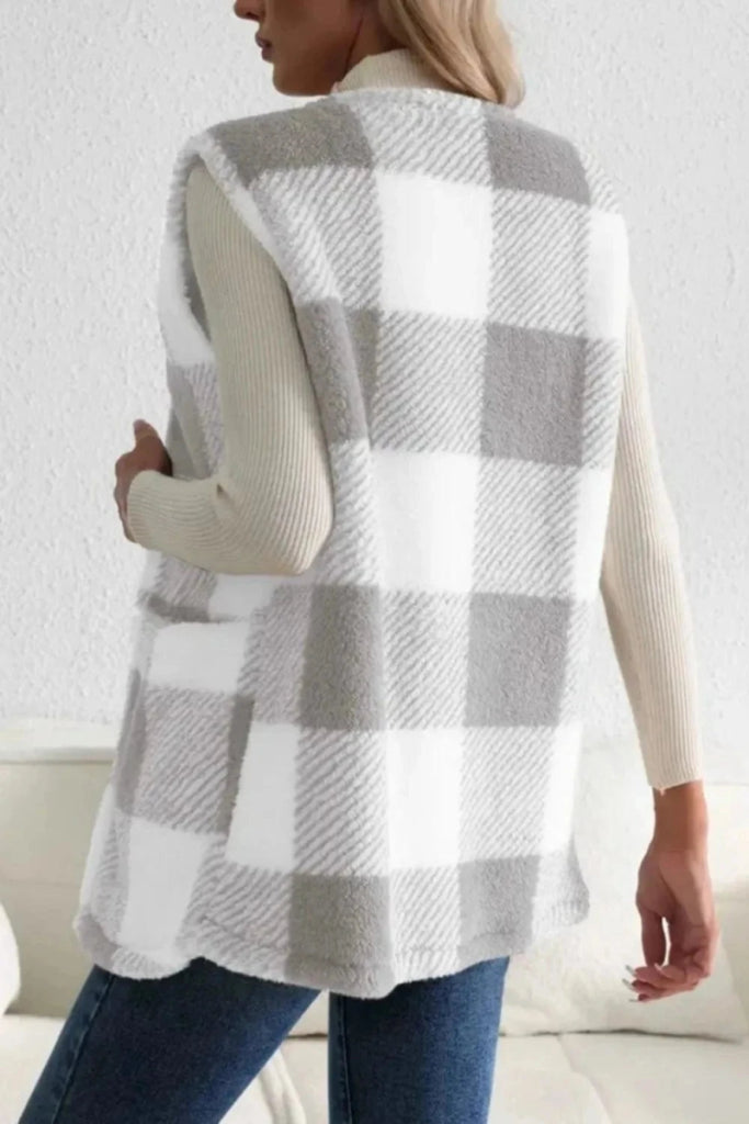 Sherpa Plaid Open Front Vest Coat - Light Gray by Trendsi from FREYA’S CLOSET