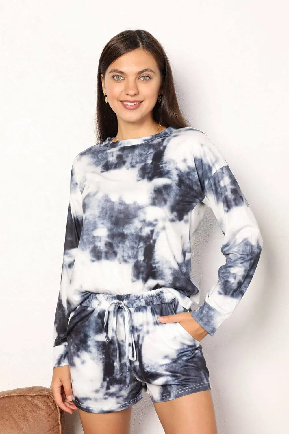 Trendsi Shirts and Blouses Shiny Tie-Dye Round Neck Top and Shorts Lounge Set
