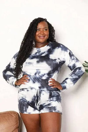 Trendsi Shirts and Blouses Dark Gray / S Shiny Tie-Dye Round Neck Top and Shorts Lounge Set