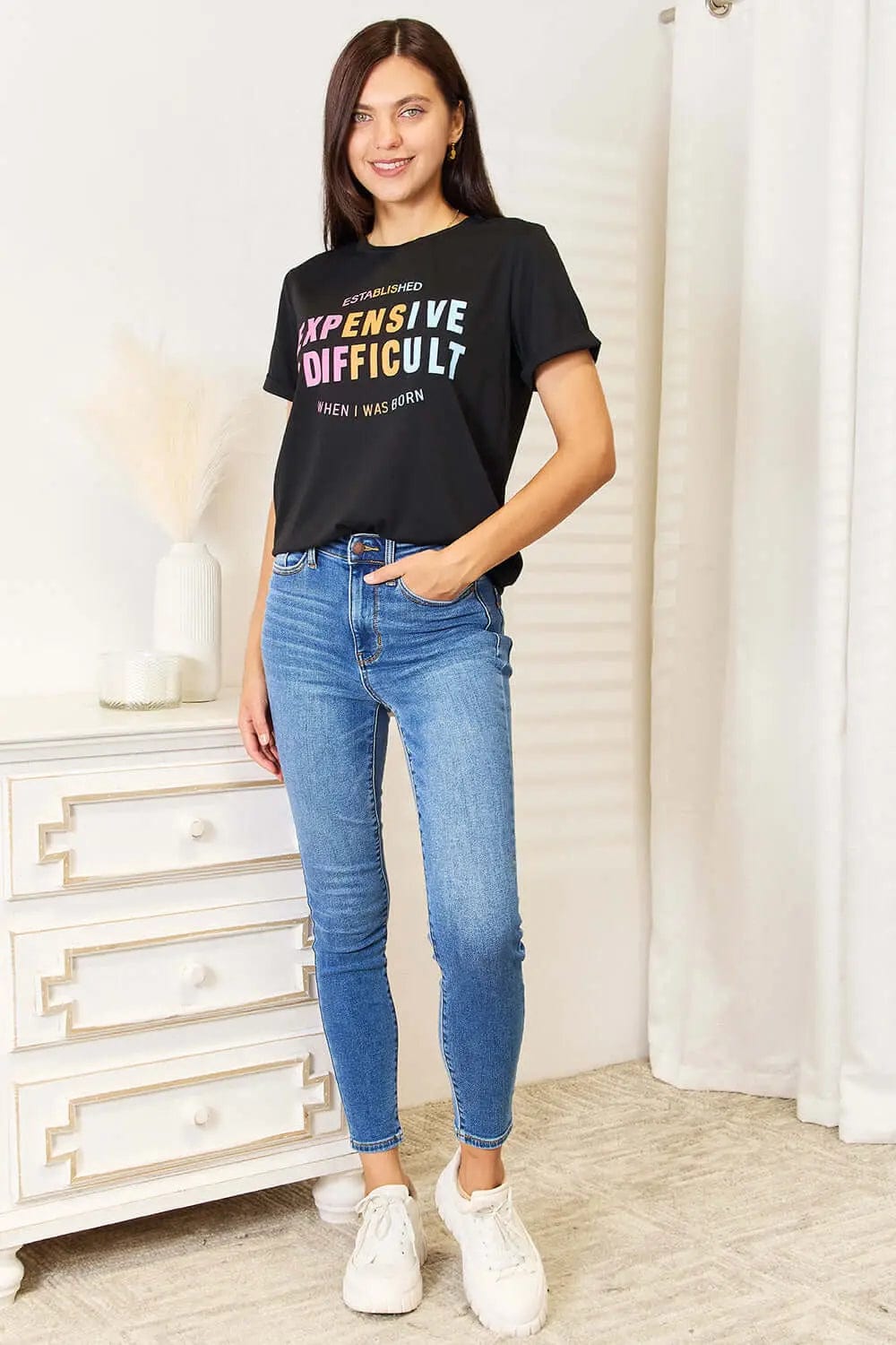 Trendsi Shirts and Blouses Simply Love Slogan Graphic Cuffed Sleeve T-Shirt