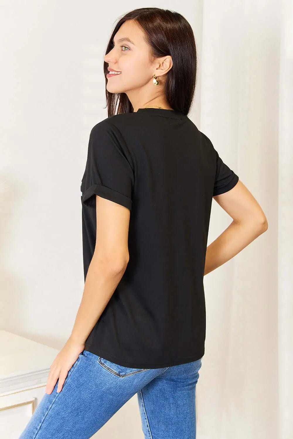 Trendsi Shirts and Blouses Simply Love Slogan Graphic Cuffed Sleeve T-Shirt
