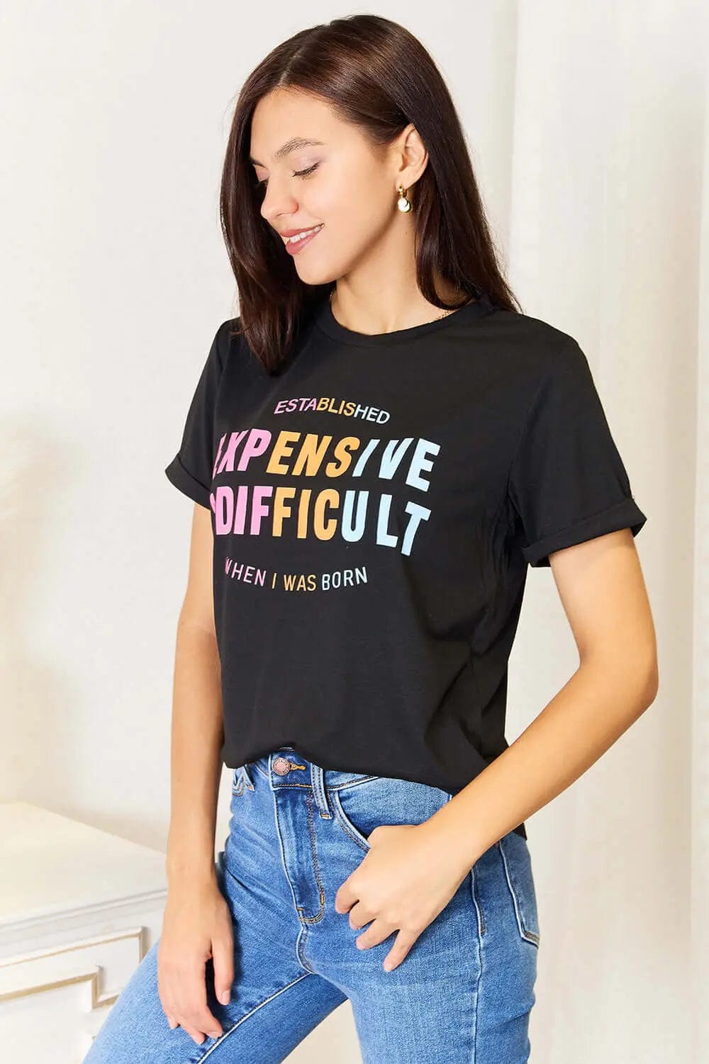 Trendsi Shirts and Blouses Simply Love Slogan Graphic Cuffed Sleeve T-Shirt
