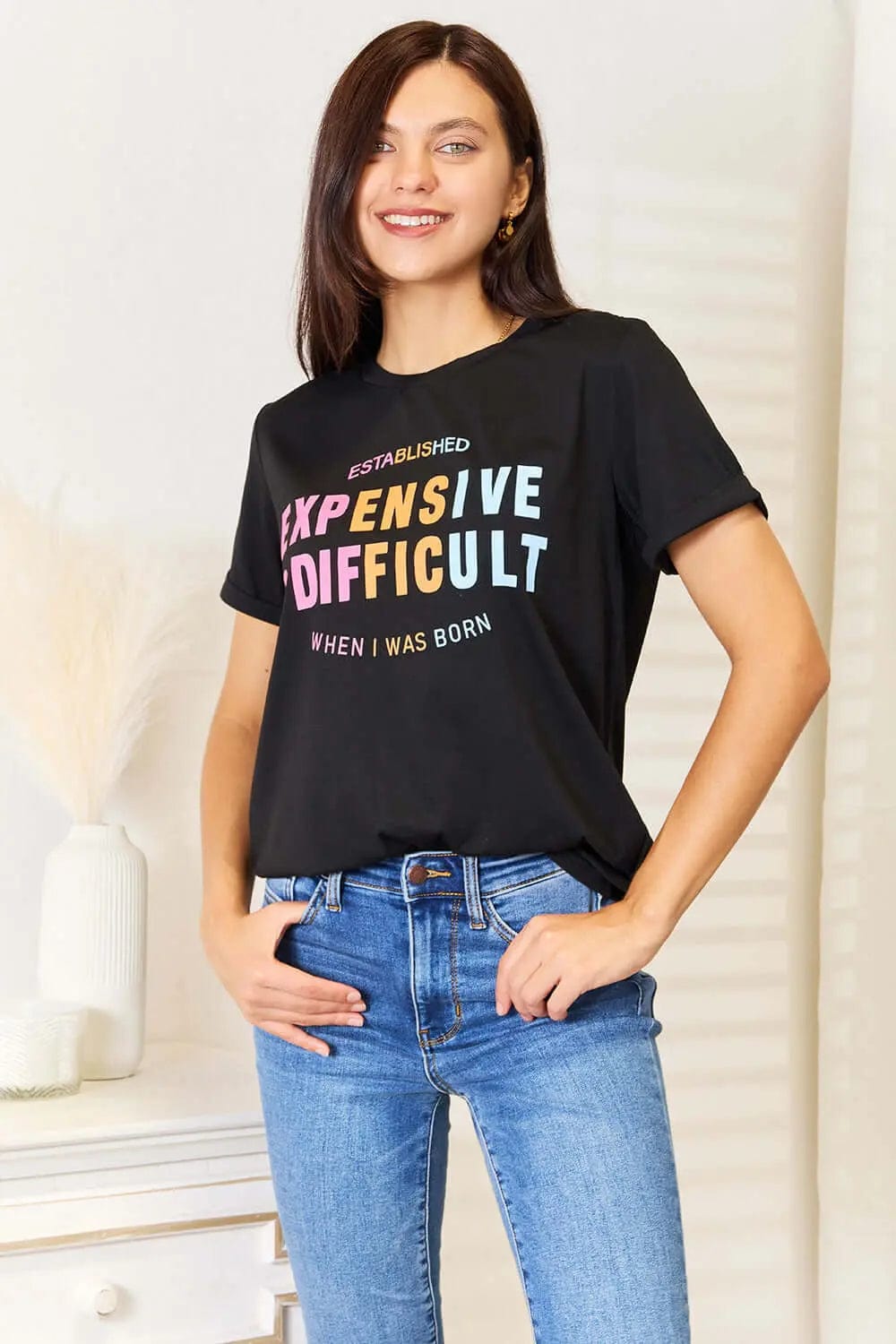 Trendsi Shirts and Blouses Simply Love Slogan Graphic Cuffed Sleeve T-Shirt