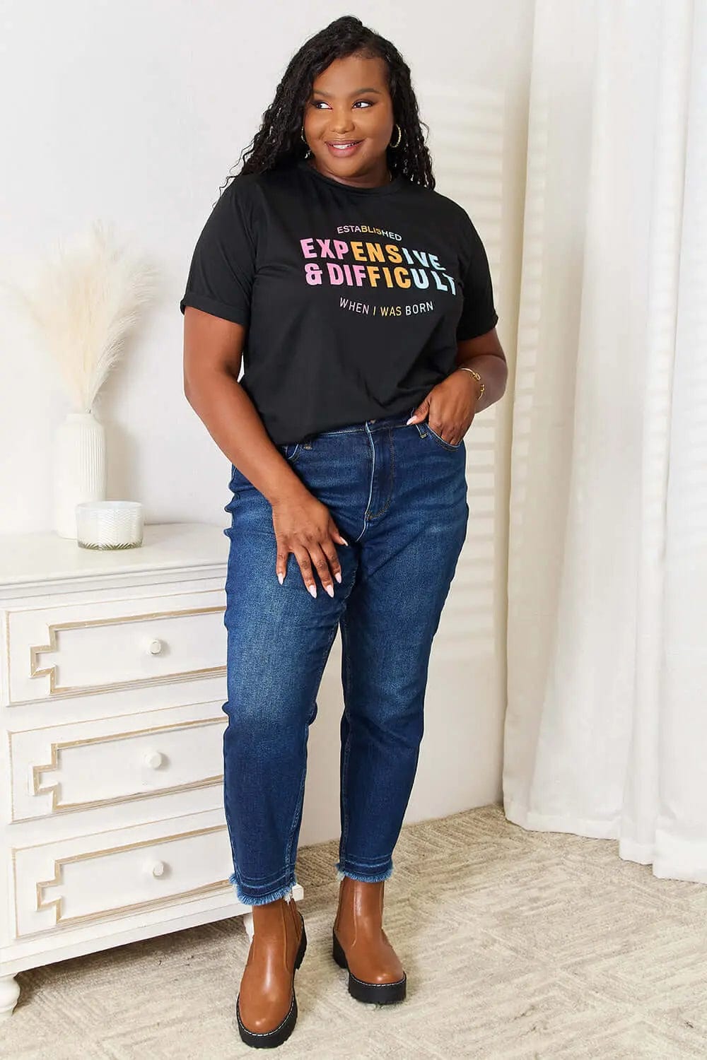 Trendsi Shirts and Blouses Simply Love Slogan Graphic Cuffed Sleeve T-Shirt