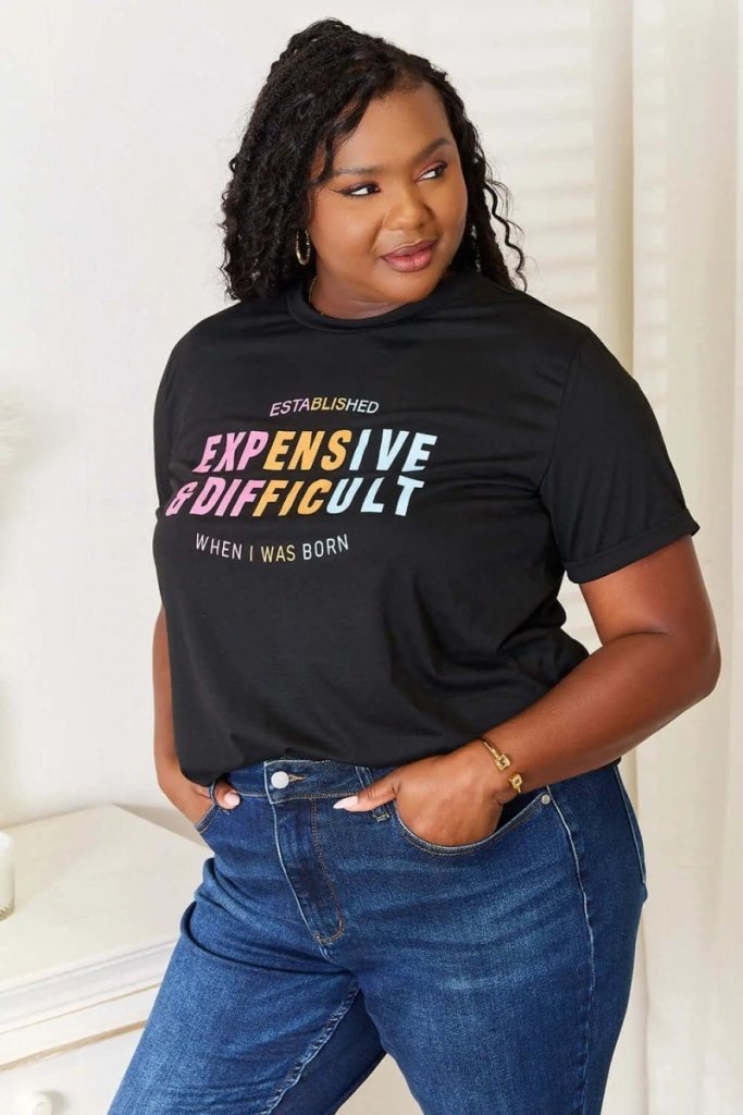 Simply Love Slogan Graphic Cuffed Sleeve T-Shirt - Black by Trendsi from FREYA’S CLOSET