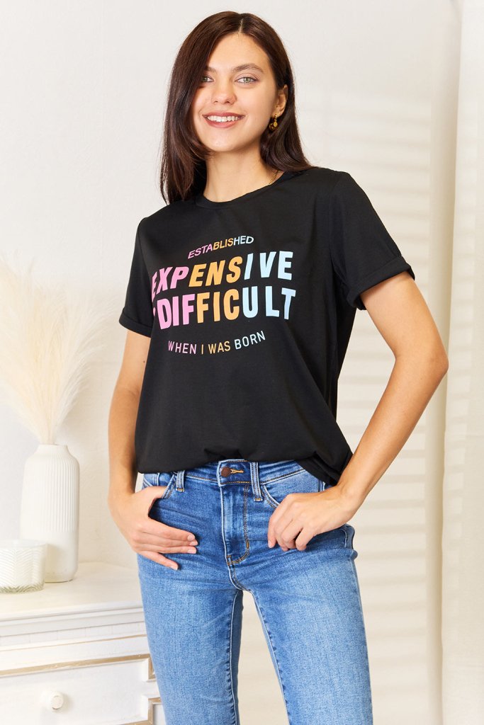Simply Love Slogan Graphic Cuffed Sleeve T-Shirt - Black by Trendsi from FREYA’S CLOSET