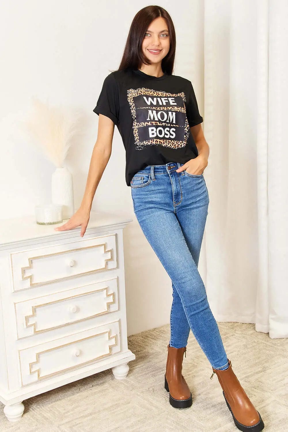 Trendsi Shirts and Blouses Simply Love WIFE MOM BOSS Leopard Graphic T-Shirt