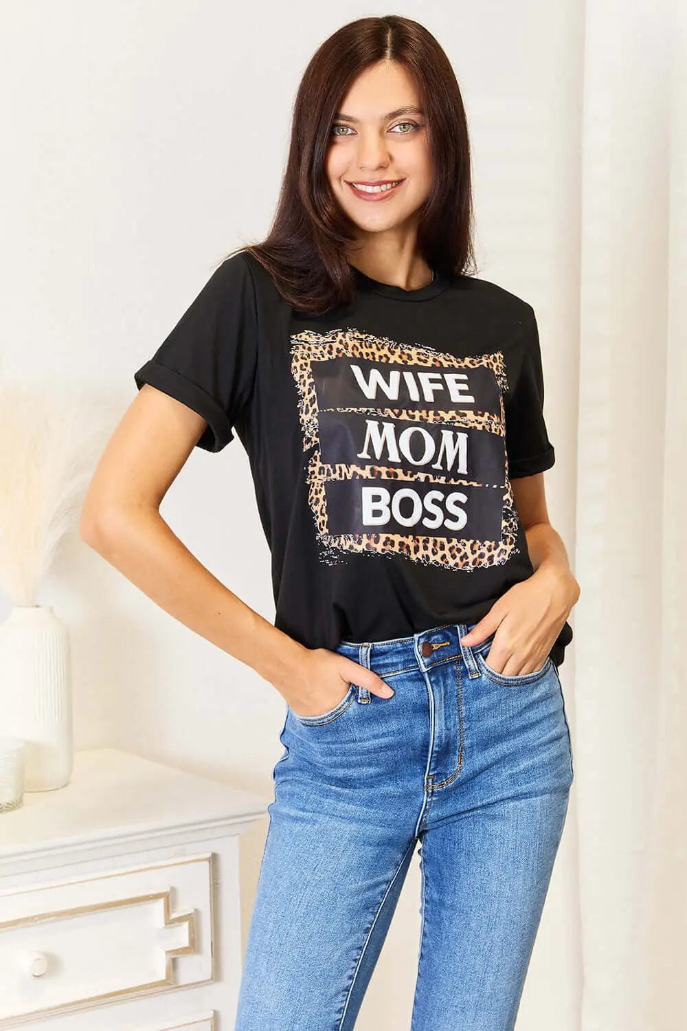 Trendsi Shirts and Blouses Simply Love WIFE MOM BOSS Leopard Graphic T-Shirt