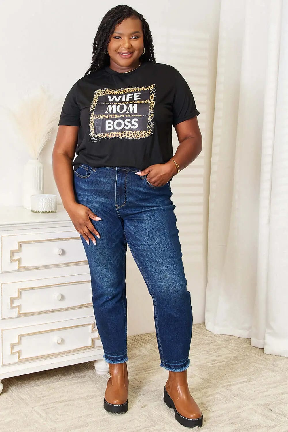 Trendsi Shirts and Blouses Simply Love WIFE MOM BOSS Leopard Graphic T-Shirt