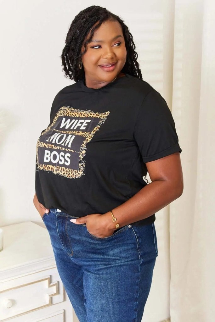 Simply Love WIFE MOM BOSS Leopard Graphic T-Shirt - Black by Trendsi from FREYA’S CLOSET