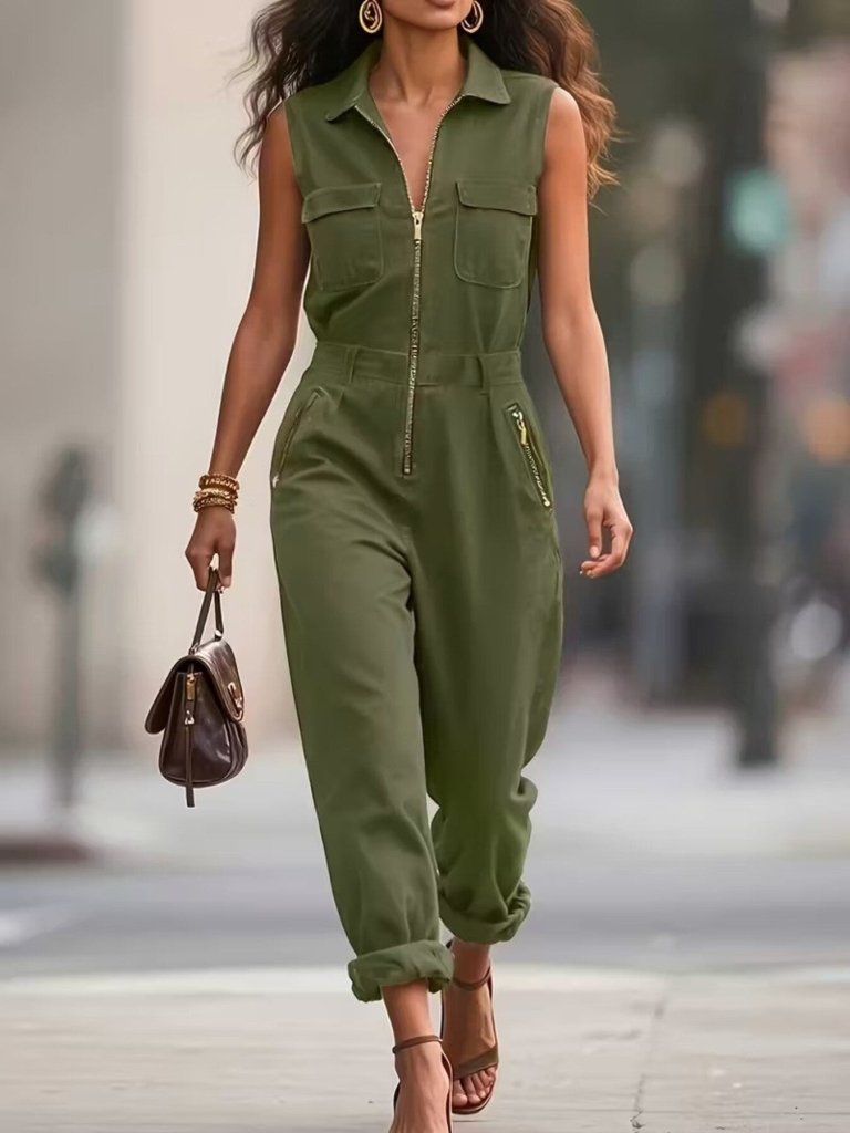 Sleeveless Zip - Up Jumpsuit - Green by Trendsi from FREYA’S CLOSET