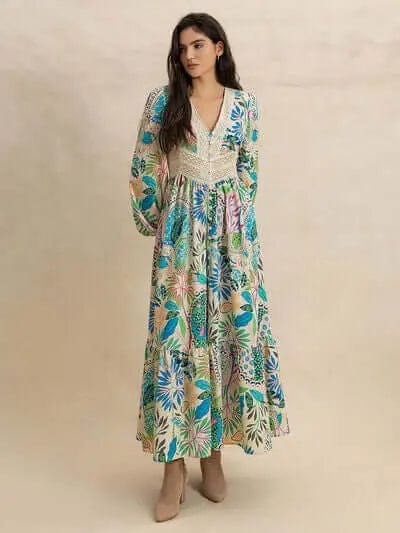 Trendsi Dress Slit Printed V-Neck Long Sleeve Midi Dress