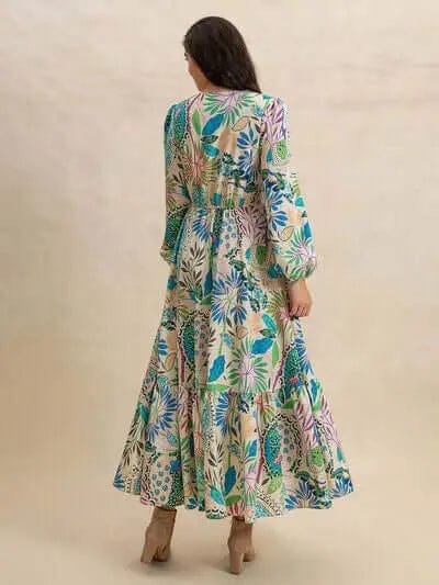Trendsi Dress Slit Printed V-Neck Long Sleeve Midi Dress