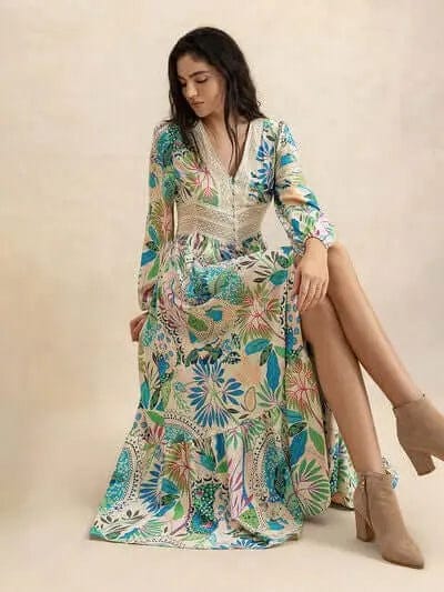 Trendsi Dress Slit Printed V-Neck Long Sleeve Midi Dress