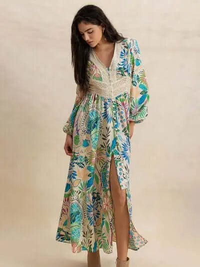 Trendsi Dress Slit Printed V-Neck Long Sleeve Midi Dress