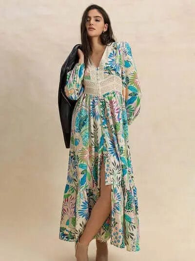 Trendsi Dress Slit Printed V-Neck Long Sleeve Midi Dress