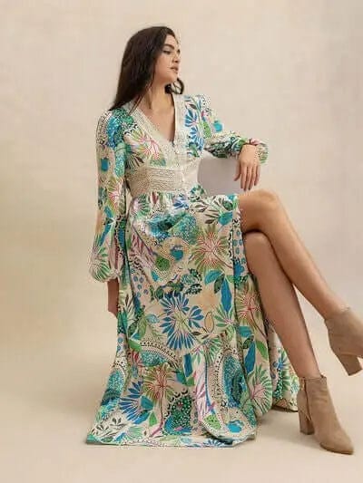 Slit Printed V - Neck Long Sleeve Midi Dress - Multicolor by Trendsi from FREYA’S CLOSET