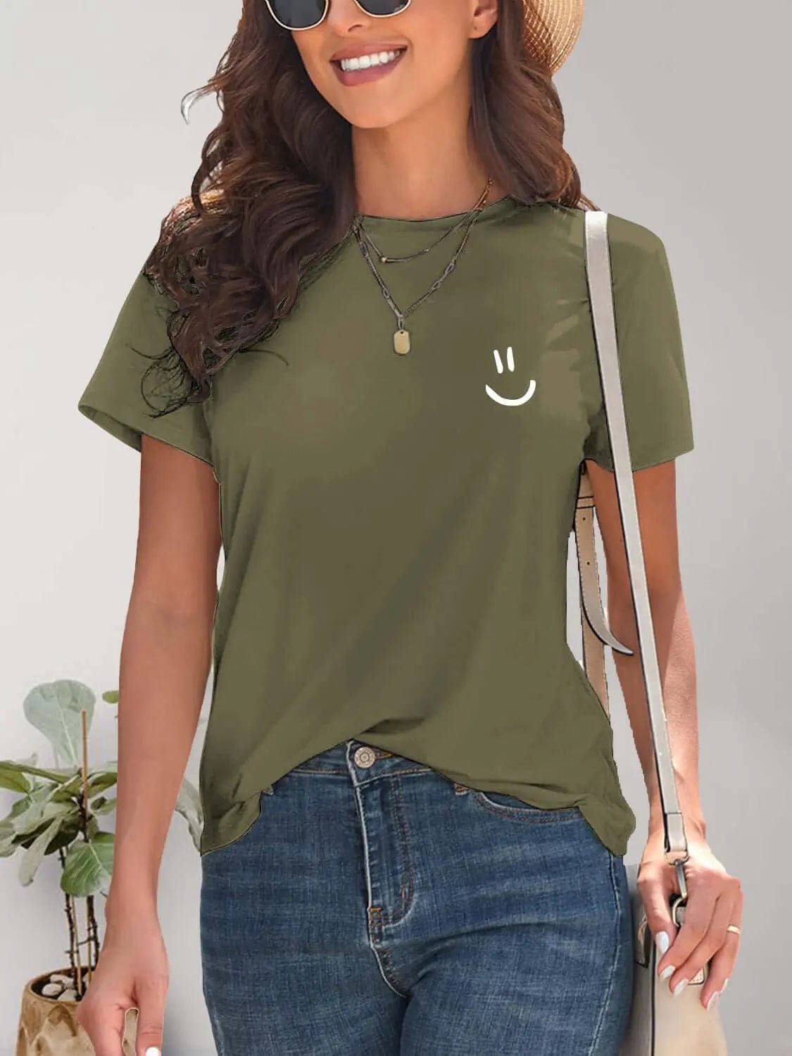 Trendsi Shirts and Blouses Moss / S Smile Graphic Round Neck Short Sleeve T-Shirt