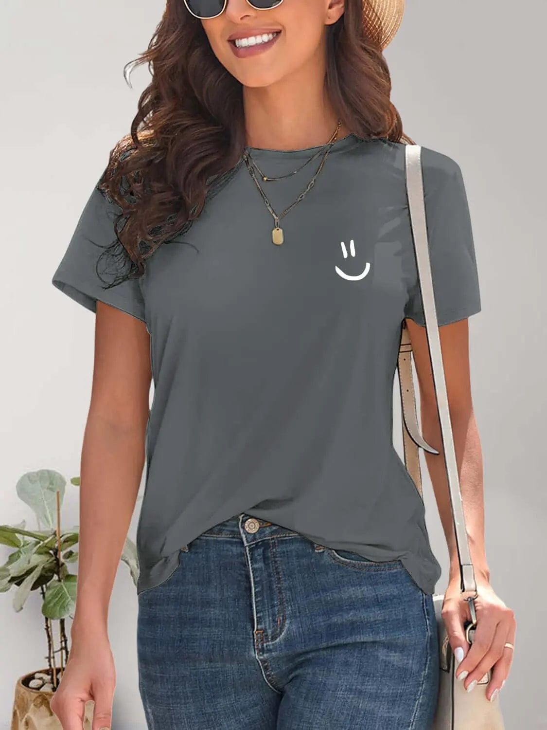 Trendsi Shirts and Blouses Charcoal / S Smile Graphic Round Neck Short Sleeve T-Shirt