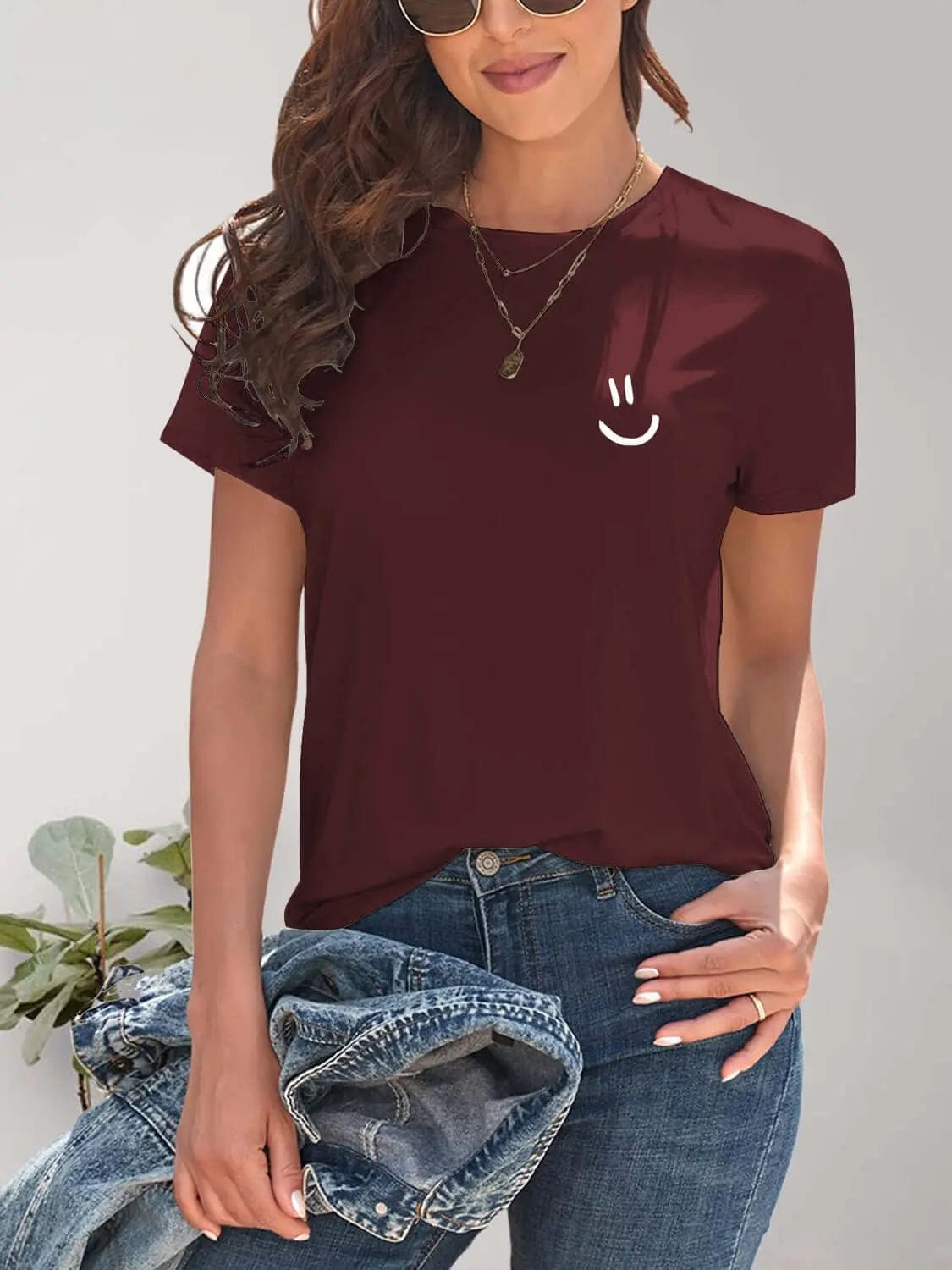 Trendsi Shirts and Blouses Wine / S Smile Graphic Round Neck Short Sleeve T-Shirt