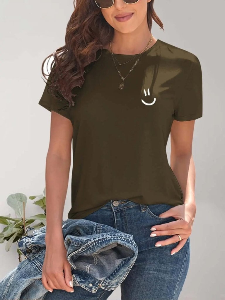 Smile Graphic Round Neck Short Sleeve T-Shirt - Army Green by Trendsi from FREYA’S CLOSET