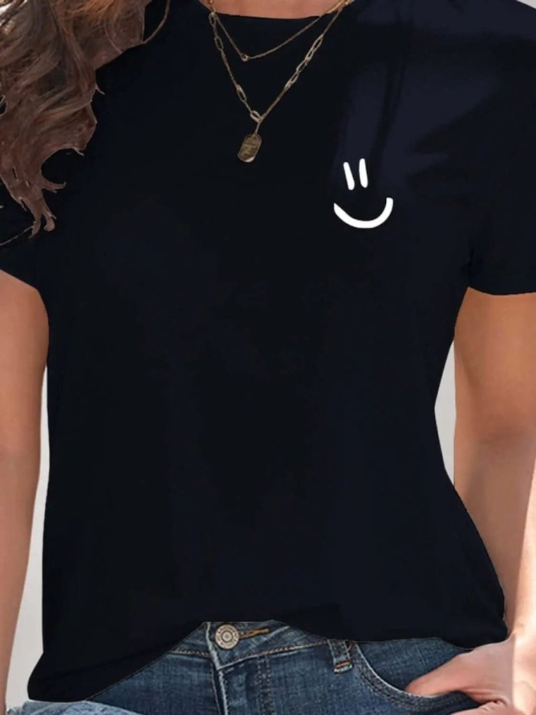 Smile Graphic Round Neck Short Sleeve T-Shirt - Dark Navy by Trendsi from FREYA’S CLOSET
