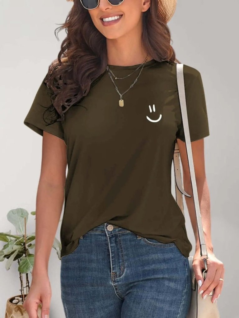 Smile Graphic Round Neck Short Sleeve T-Shirt - Army Green by Trendsi from FREYA’S CLOSET