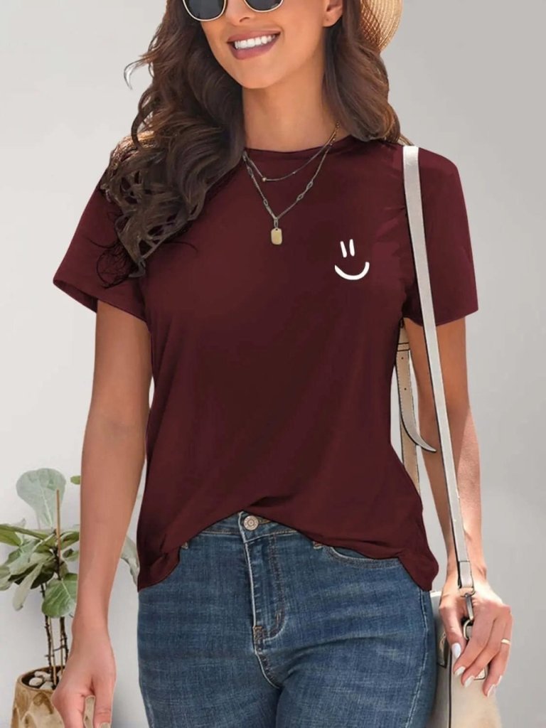 Smile Graphic Round Neck Short Sleeve T-Shirt - Wine by Trendsi from FREYA’S CLOSET