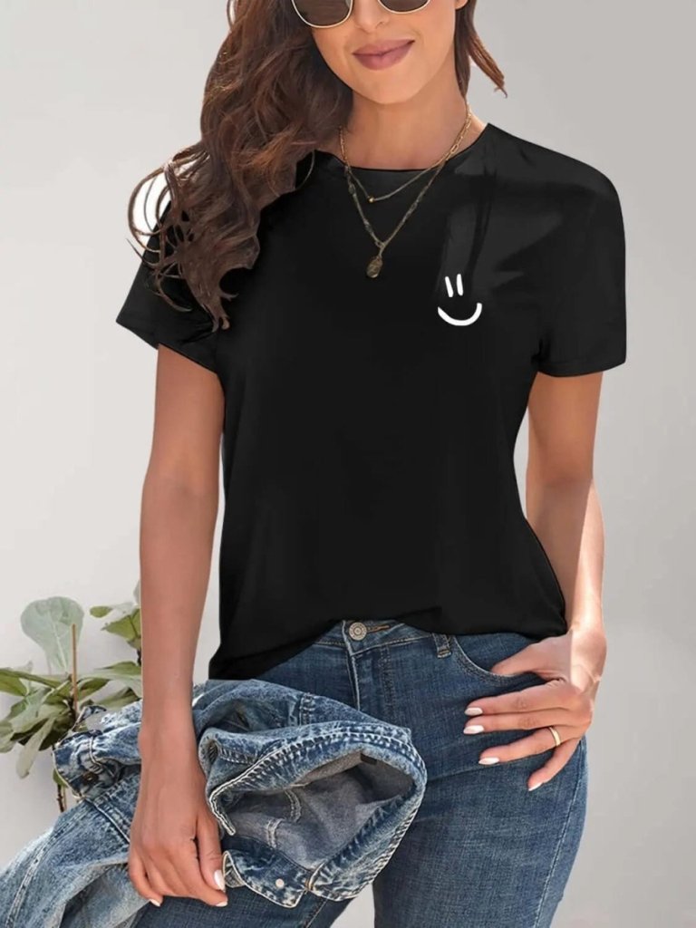 Smile Graphic Round Neck Short Sleeve T-Shirt - Black by Trendsi from FREYA’S CLOSET