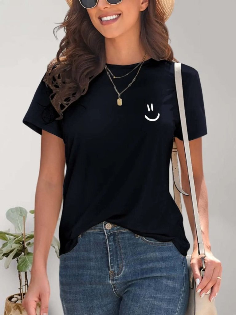 Smile Graphic Round Neck Short Sleeve T-Shirt - Dark Navy by Trendsi from FREYA’S CLOSET