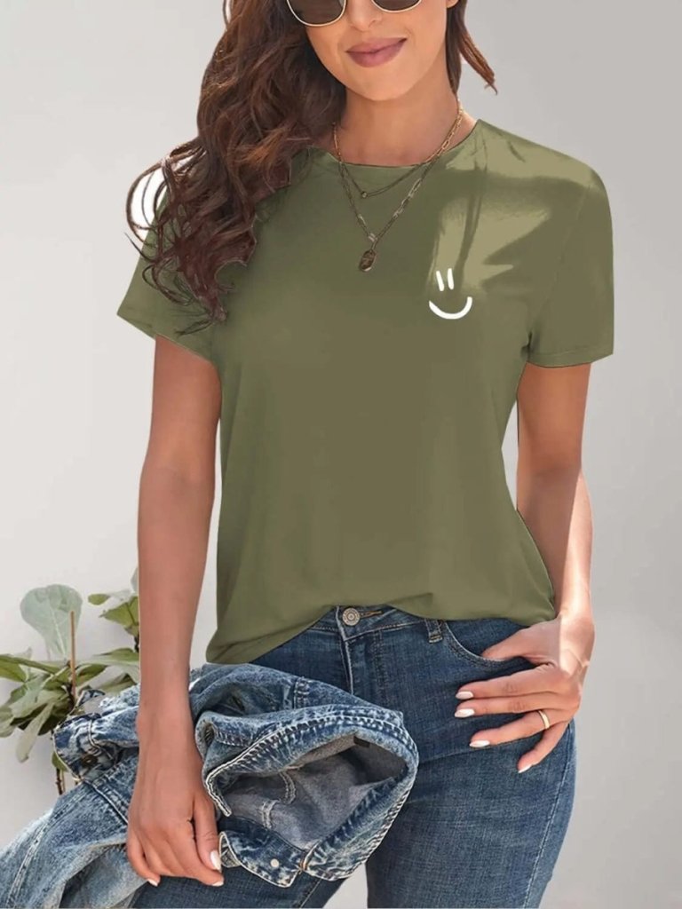 Smile Graphic Round Neck Short Sleeve T-Shirt - Moss by Trendsi from FREYA’S CLOSET