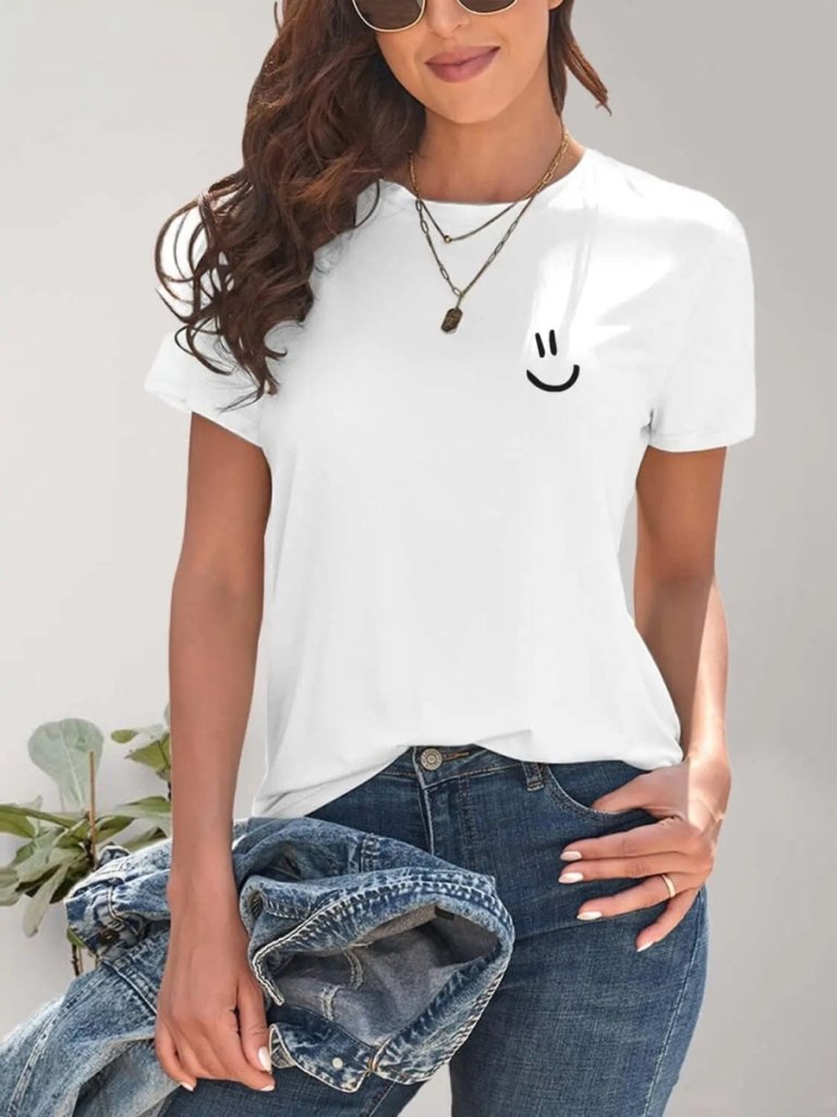 Smile Graphic Round Neck Short Sleeve T-Shirt - White by Trendsi from FREYA’S CLOSET