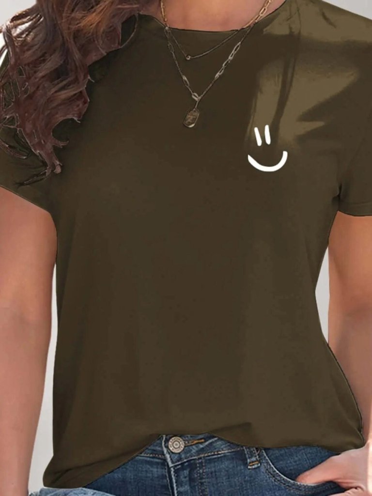 Smile Graphic Round Neck Short Sleeve T-Shirt - Army Green by Trendsi from FREYA’S CLOSET