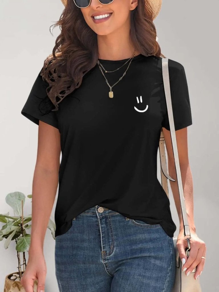 Smile Graphic Round Neck Short Sleeve T-Shirt - Black by Trendsi from FREYA’S CLOSET