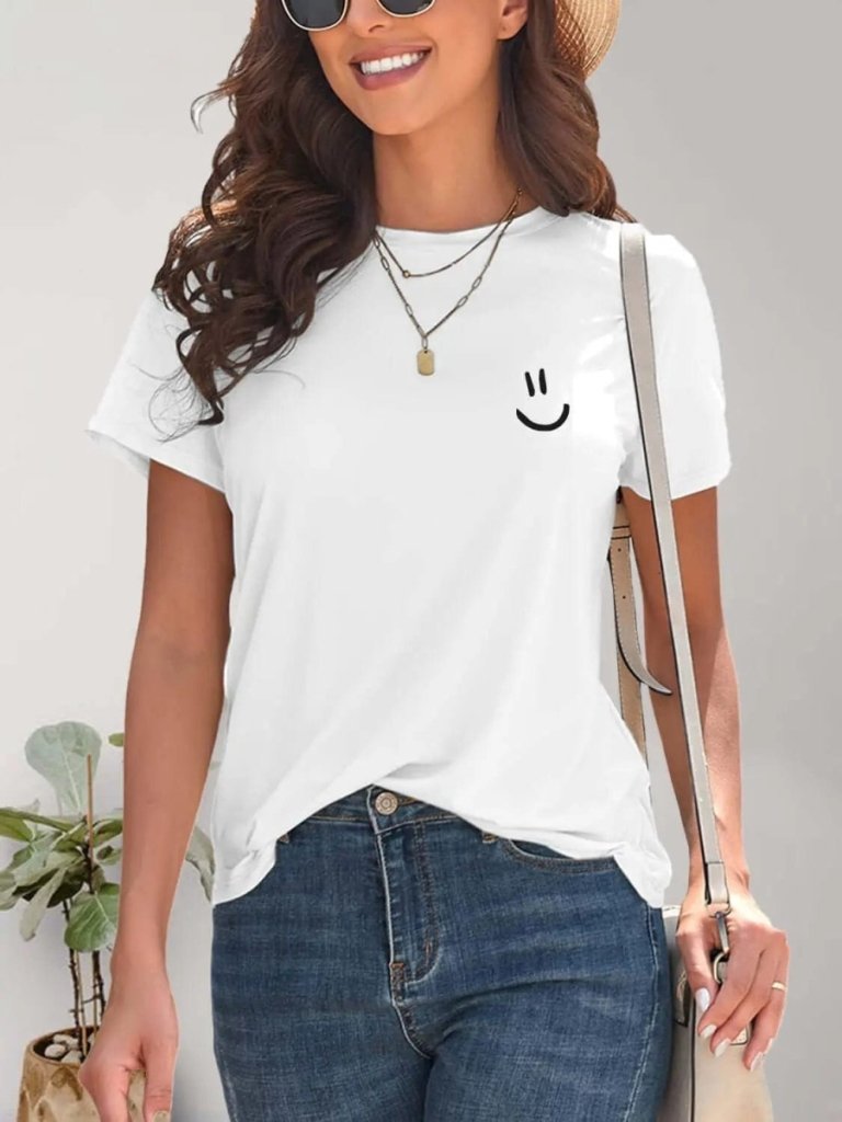 Smile Graphic Round Neck Short Sleeve T-Shirt - White by Trendsi from FREYA’S CLOSET