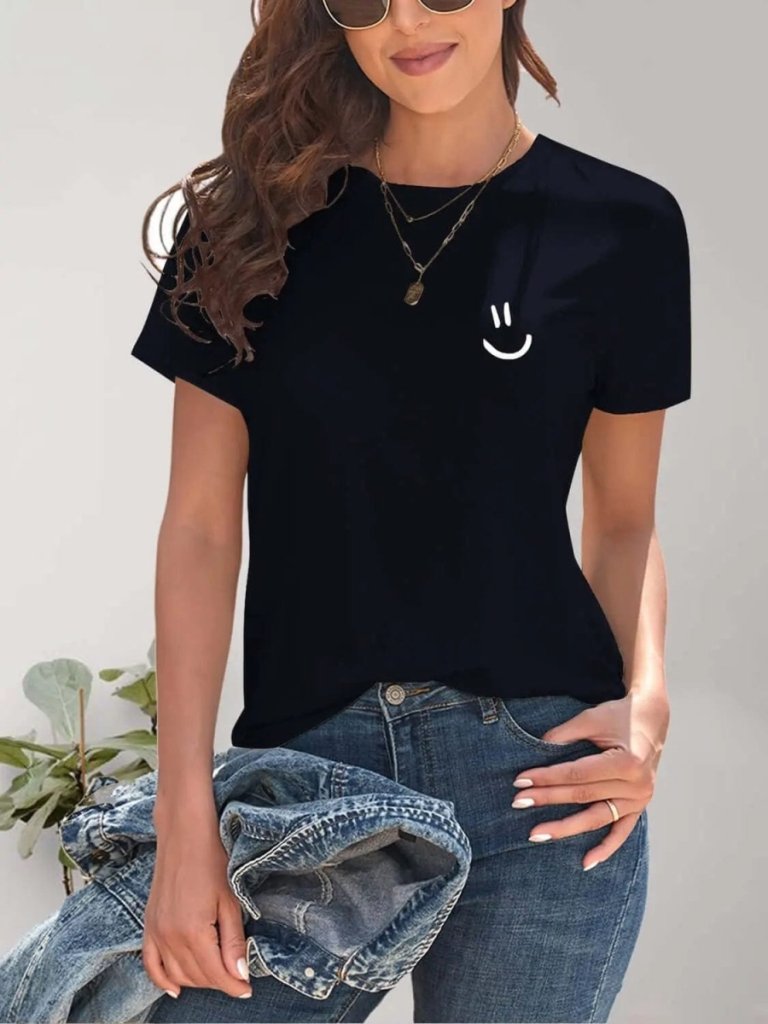 Smile Graphic Round Neck Short Sleeve T-Shirt - Dark Navy by Trendsi from FREYA’S CLOSET