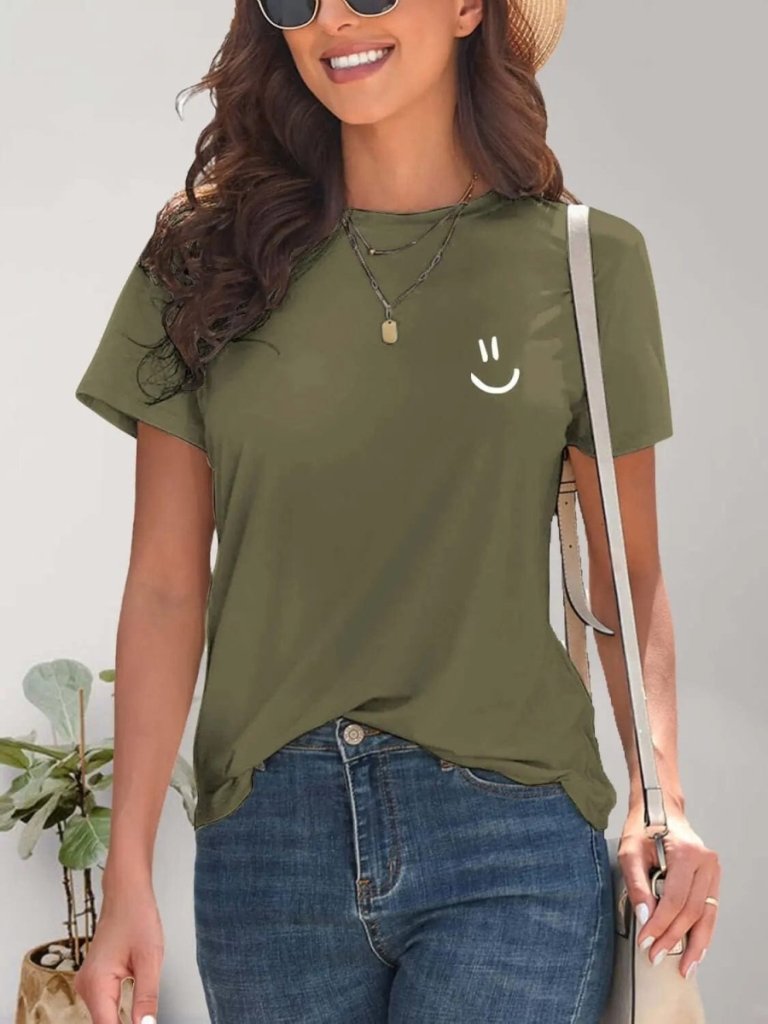 Smile Graphic Round Neck Short Sleeve T-Shirt - Moss by Trendsi from FREYA’S CLOSET