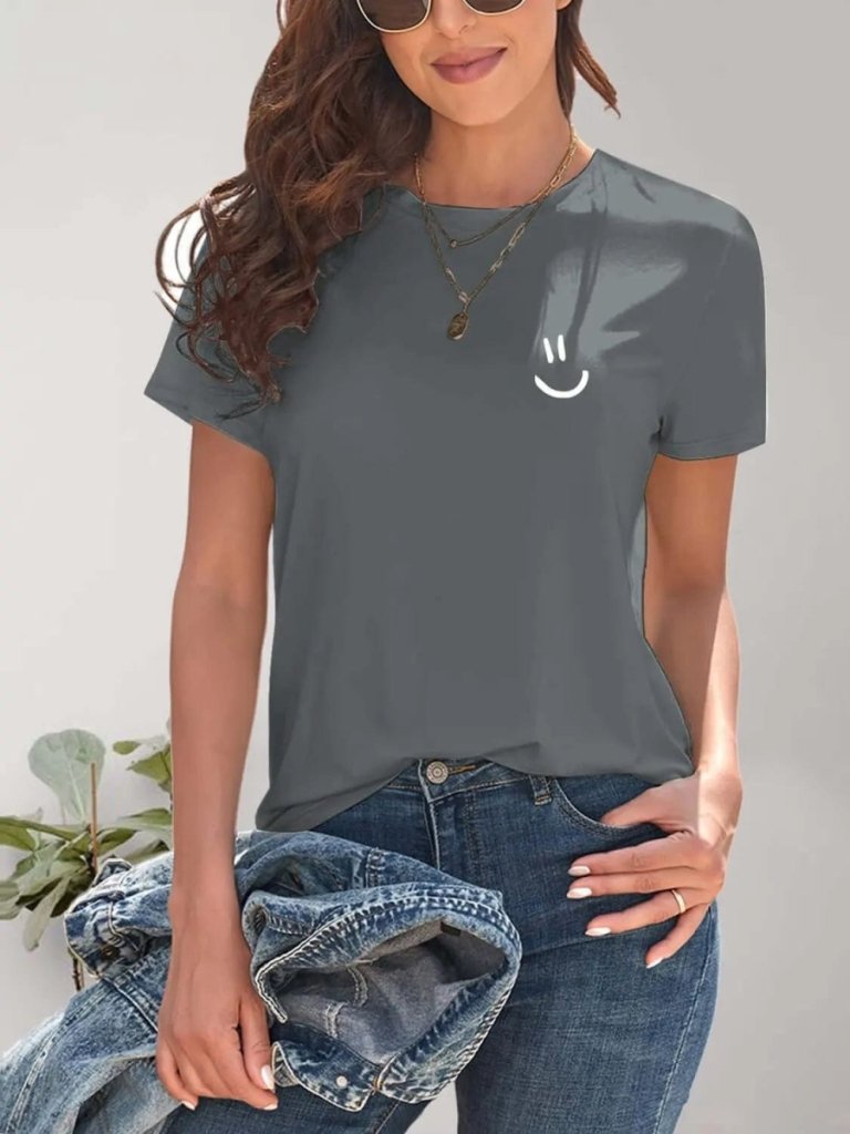 Smile Graphic Round Neck Short Sleeve T-Shirt - Charcoal by Trendsi from FREYA’S CLOSET