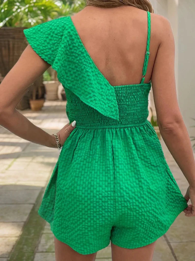 Smocked Back Asymmetrical Ruffled Romper - Green by Trendsi from FREYA’S CLOSET