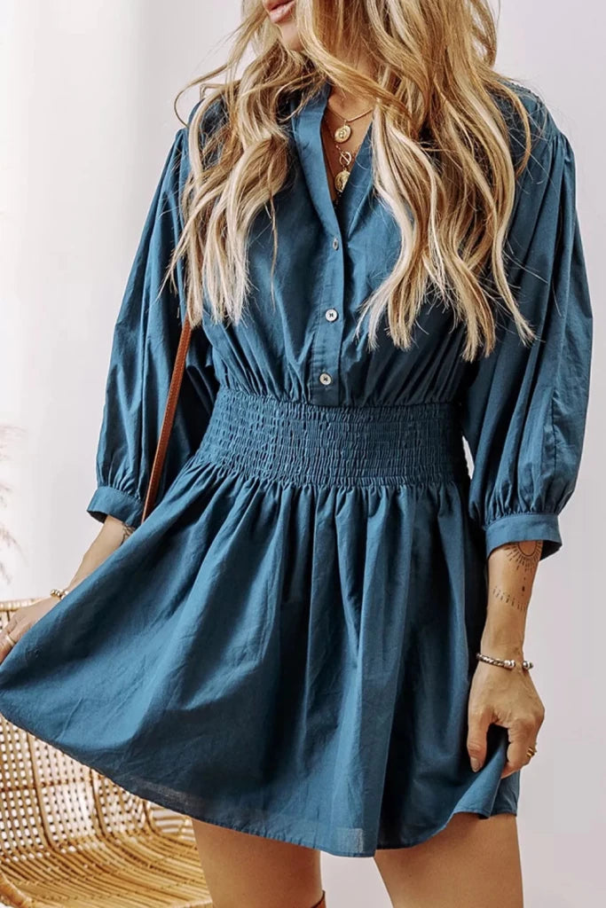 Smocked Button Front Mini Dress - French Blue by Trendsi from FREYA’S CLOSET