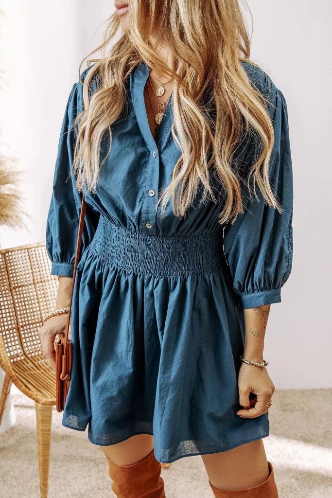 Smocked Button Front Mini Dress - French Blue by Trendsi from FREYA’S CLOSET