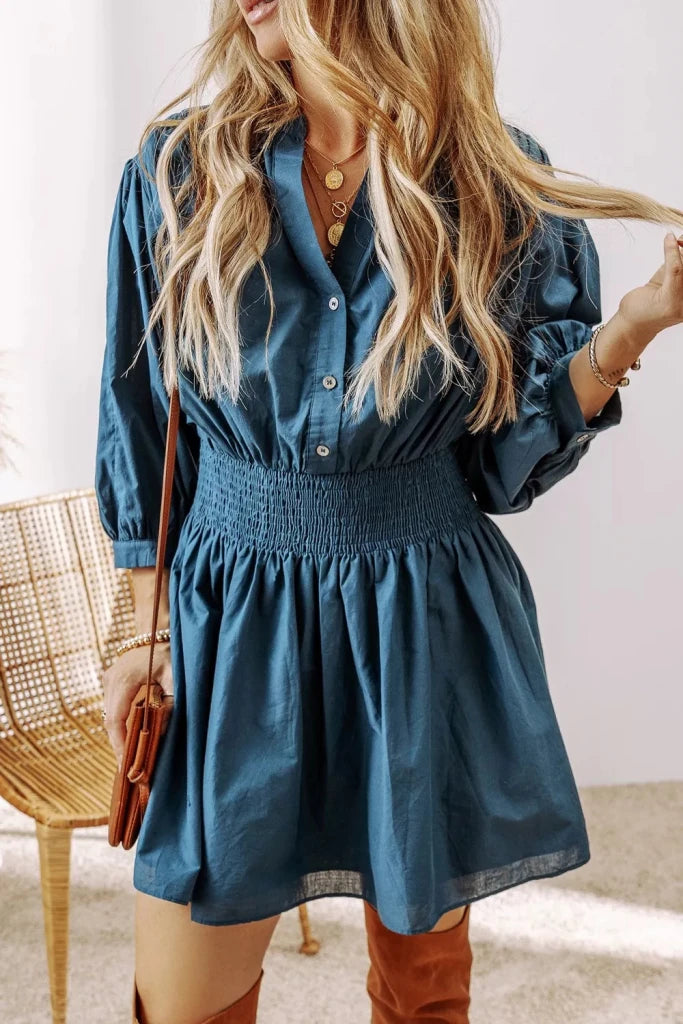 Smocked Button Front Mini Dress - French Blue by Trendsi from FREYA’S CLOSET