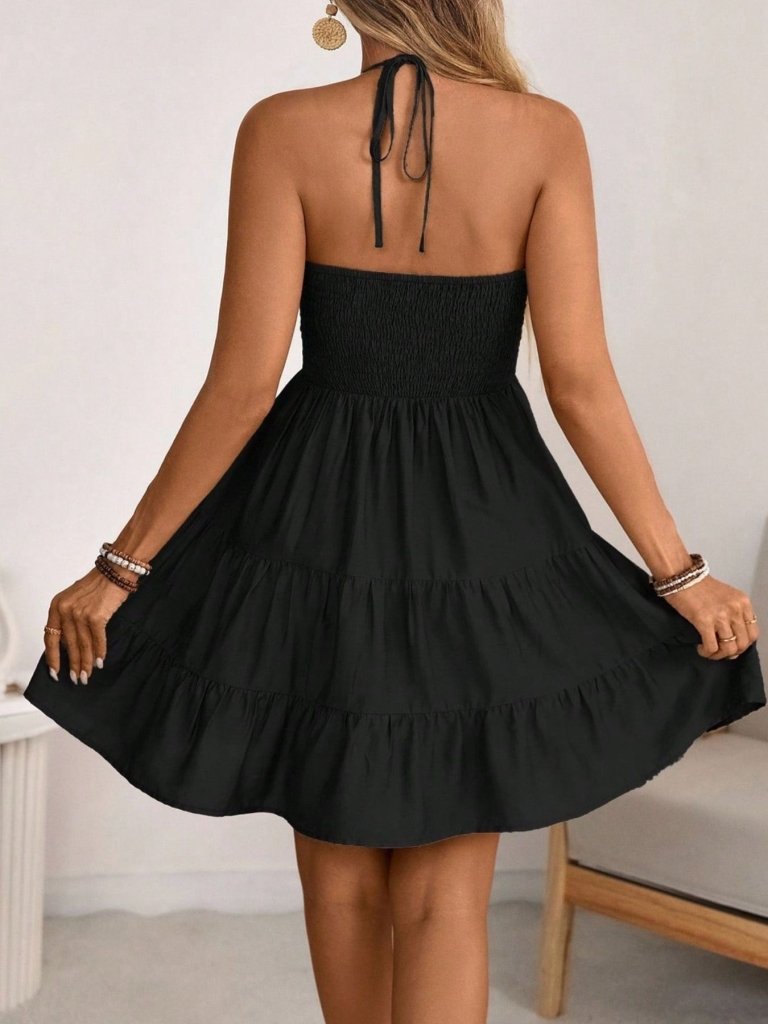 Smocked Halter Neck Tiered Dress - Black by Trendsi from FREYA’S CLOSET